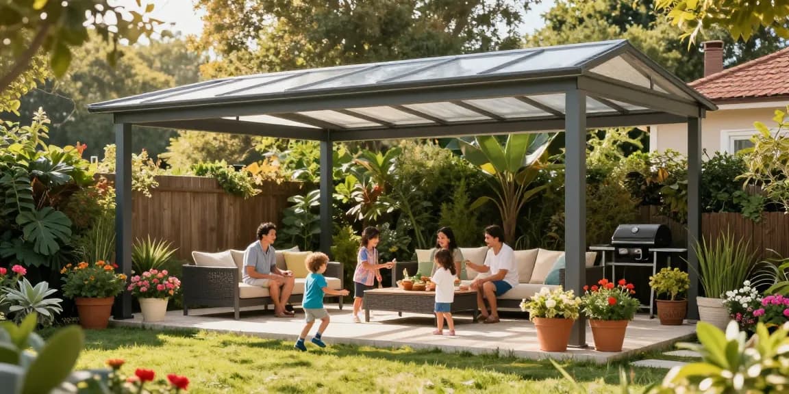 Freistehende Terrassenüberdachung im Garten, Familie genießt den Tag.