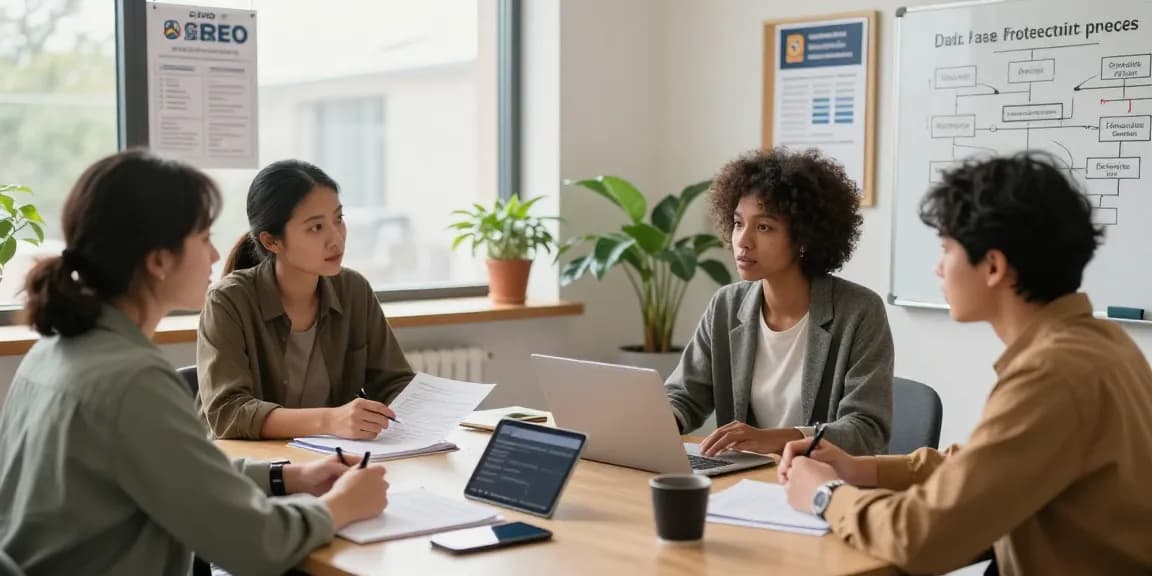 Professionals in sozialen Einrichtungen diskutieren Datenschutzmaßnahmen und Barrierefreiheit in einem lichtdurchfluteten Raum.