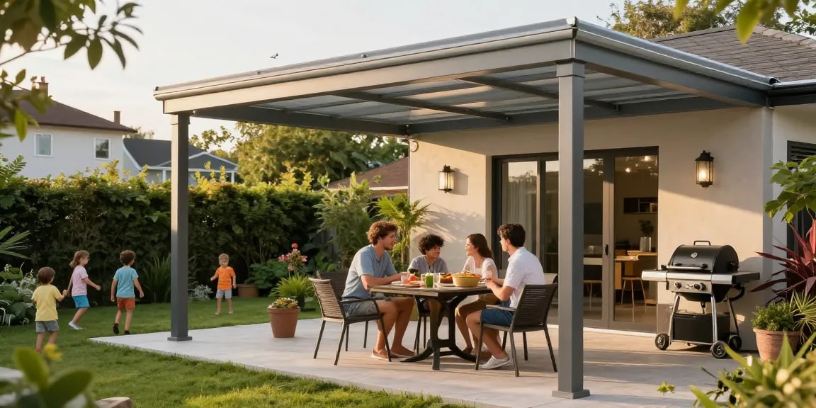 Moderne Terrassenüberdachung im Garten mit spielenden Kindern und gemütlicher Atmosphäre