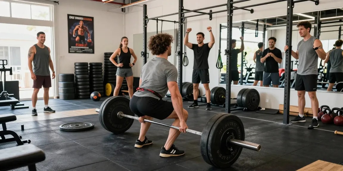 Intensive Fitness-Szene im Steroidshop mit Bodybuildern, die gemeinsam an Gewichten trainieren.