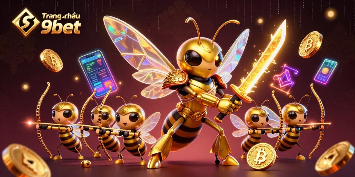 Engage in thrilling gameplay at Trang chủ 9bet with a vibrant illustration of golden hornet warriors and cryptocurrency coins.