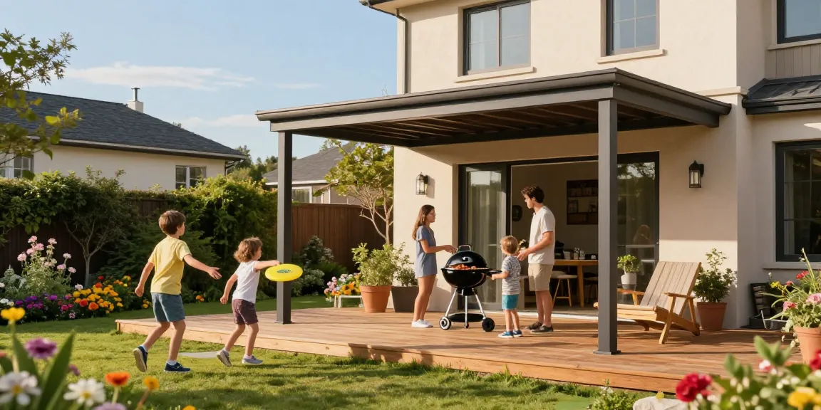 Moderne Carport-Lösung in einem einladenden Garten mit spielenden Kindern und einer Familie beim Grillen.