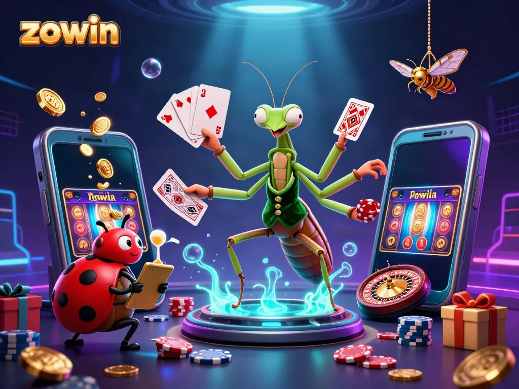 Zowin offers a vibrant casino experience with dynamic characters and engaging game elements in a stunning illustration