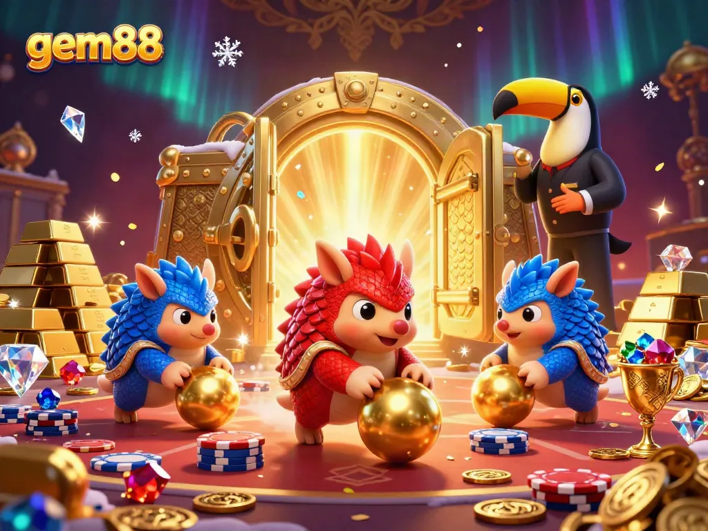 Engaging animation of gem88 rival pangolins in a casino setting, surrounded by chips and gold.
