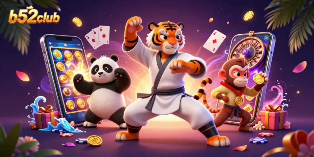 b52club showcases a vibrant casino scene with a kung fu tiger and playful characters engaging in lively gaming activities.