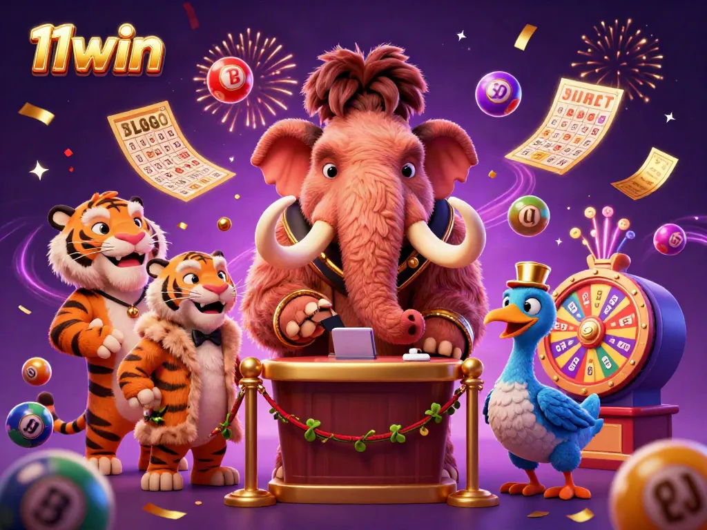 Enjoy thrilling moments with 11win as vibrant lottery elements burst around a cartoon casino scene.
