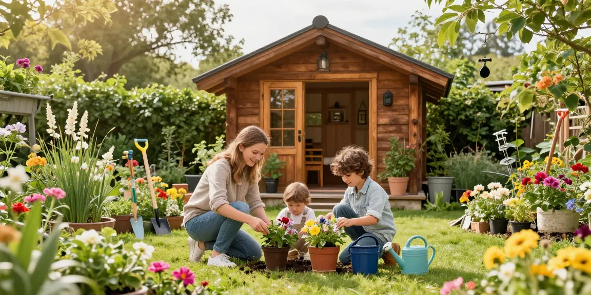 Garten Haus im schönen Garten mit Familie beim Pflanzen von Blumen