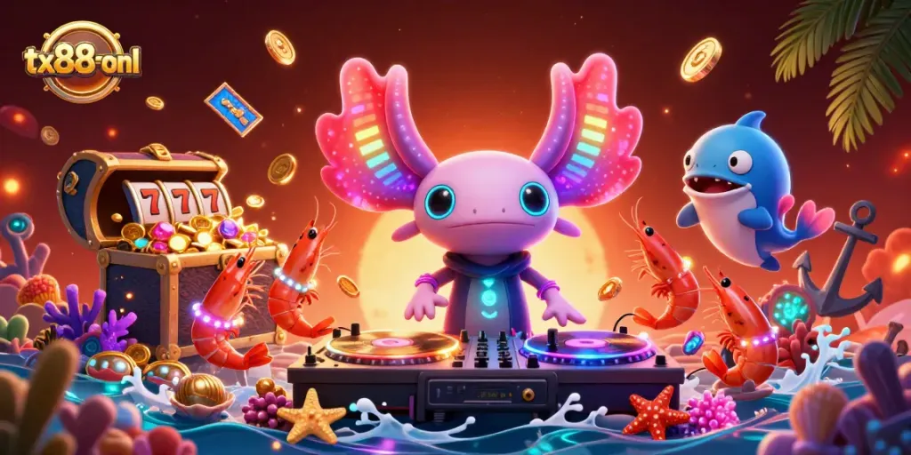 Experience vibrant gaming fun with tx88-onl showcasing colorful slot reels and dynamic underwater creatures.