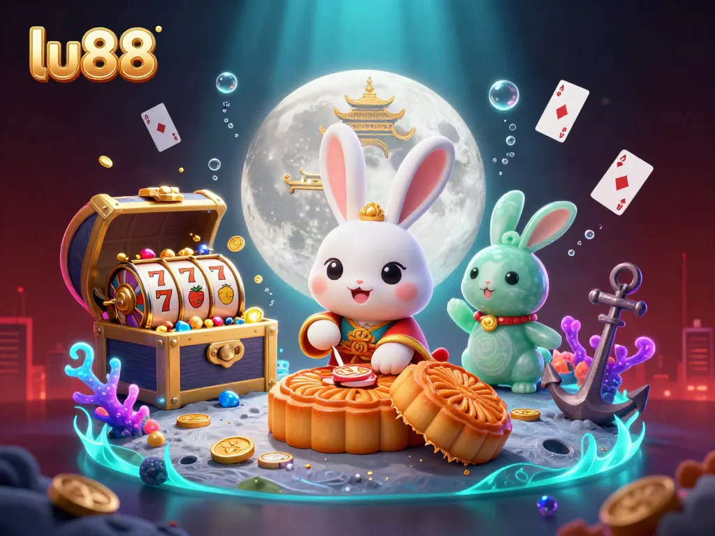 Spin the reels on lu88 with a moon rabbit in a vibrant casino-themed lunar landscape, packed with rewards.