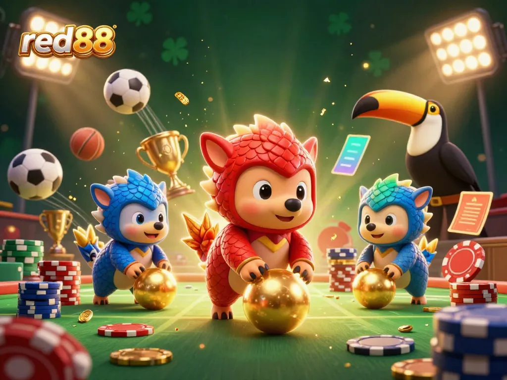 Experience thrilling gameplay with red88 as cartoon pangolins compete in a vibrant casino setting.