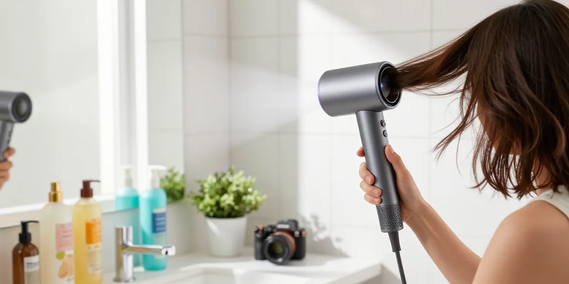 Hochgeschwindigkeits-Haartrockner in Aktion, der Haare schnell trocknet, stilvolles Badezimmer.