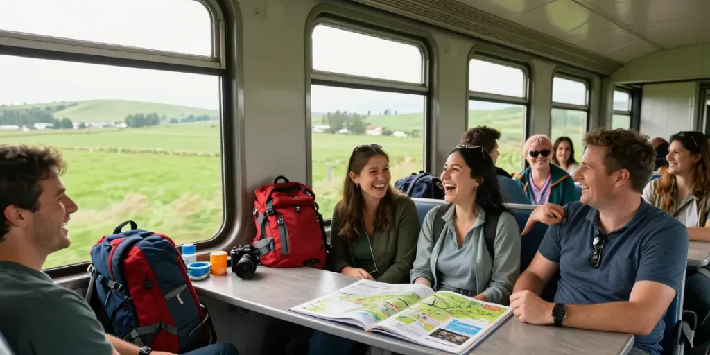 Gruppentickets für die Bahn genutzt von fröhlichen Reisenden in der Natur während der Fahrt.