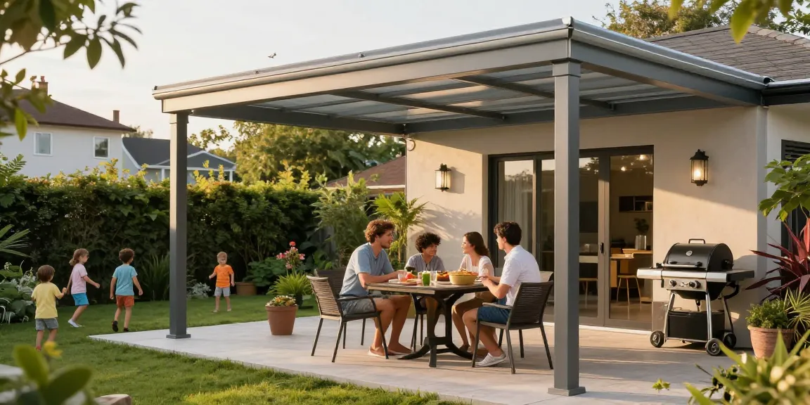Moderne Terrassenüberdachung im Garten mit spielenden Kindern und gemütlicher Atmosphäre