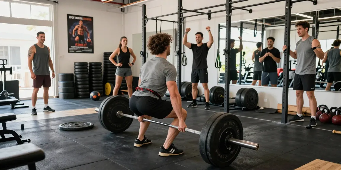 Intensive Fitness-Szene im Steroidshop mit Bodybuildern, die gemeinsam an Gewichten trainieren.