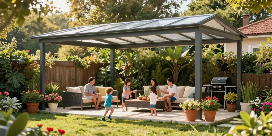 Freistehende Terrassenüberdachung im Garten, Familie genießt den Tag.