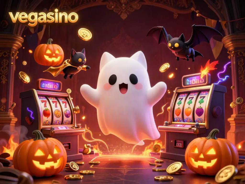 Experience the vibrant action of vegasino with a ghost cat and bat in a haunted casino setting filled with jackpots.