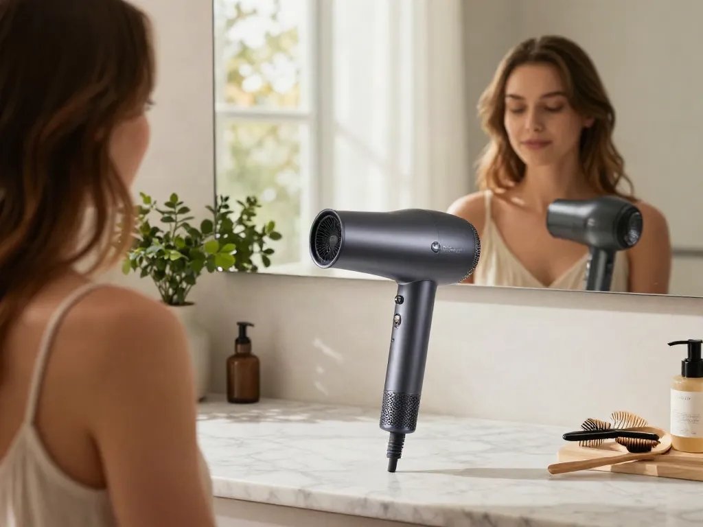 Moderne Badezimmer Szene mit Hochgeschwindigkeits-Haartrockner auf Marmor, Frau pflegt Haare.