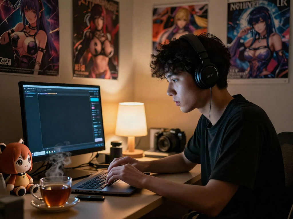 Engaging ai hentai chat scene with user interacting in cozy room.