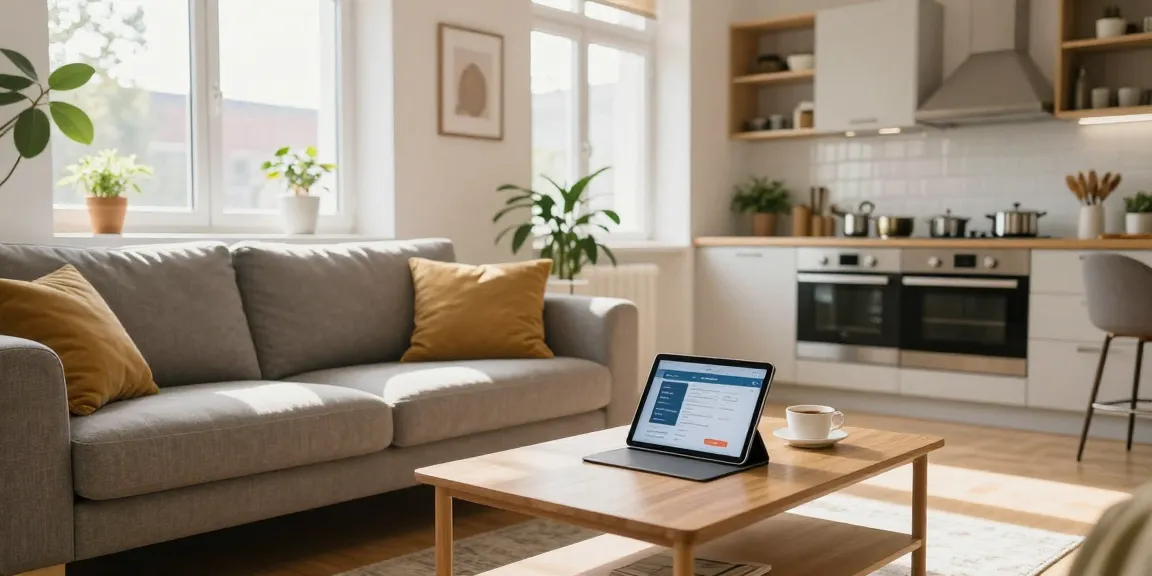 Komfortable Monteurzimmer Hannover, gemütliches Wohnzimmer mit moderner Küche und natürlichem Licht.