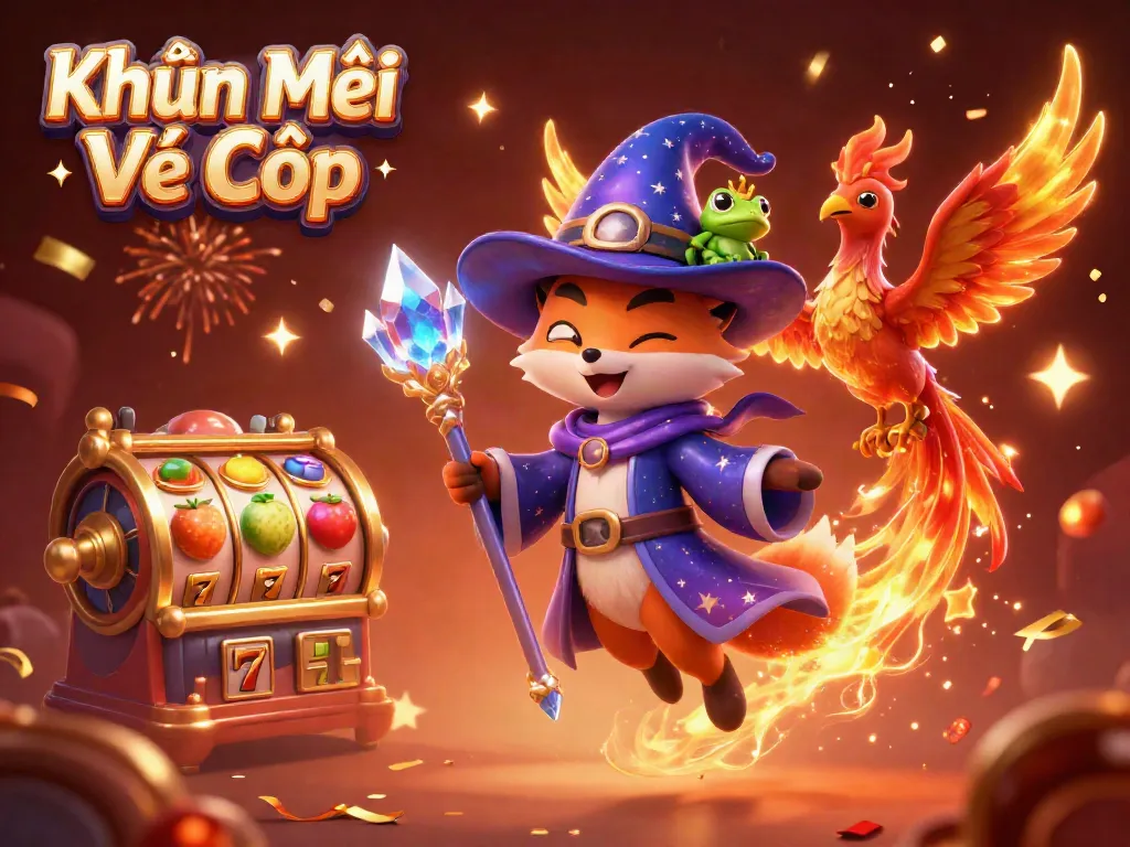 Engage with Khuyến Mãi Vé Cược in this vibrant casino illustration featuring a wizard fox and phoenix.