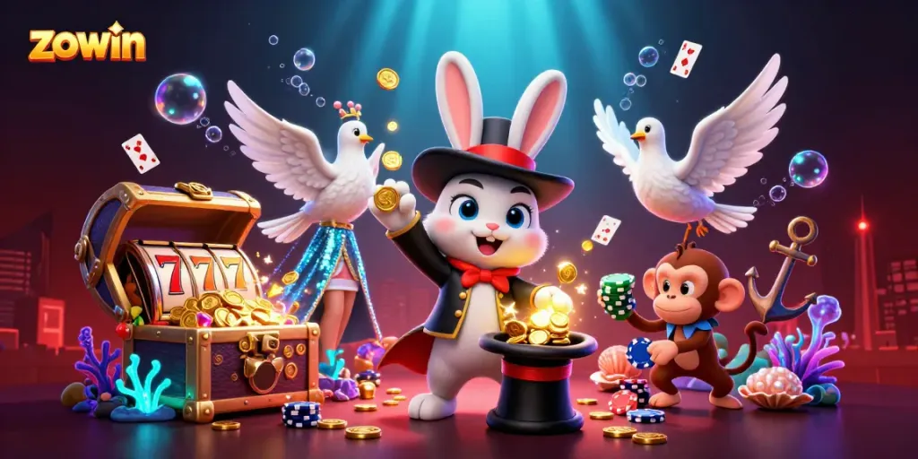 Zowin offers an exciting cartoon scene with a magician rabbit pulling gold coins, symbolizing online gambling fun.
