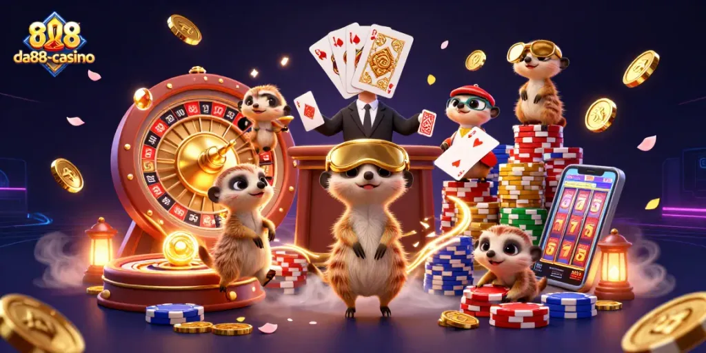 Join the fun at da88-casino with meerkats running a vibrant casino operation filled with sparkling gems and coins!