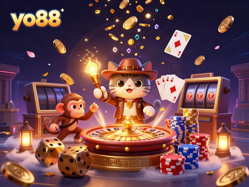 Experience excitement at yo88 with a 3D cartoon scene of an explorer cat discovering a golden artifact.