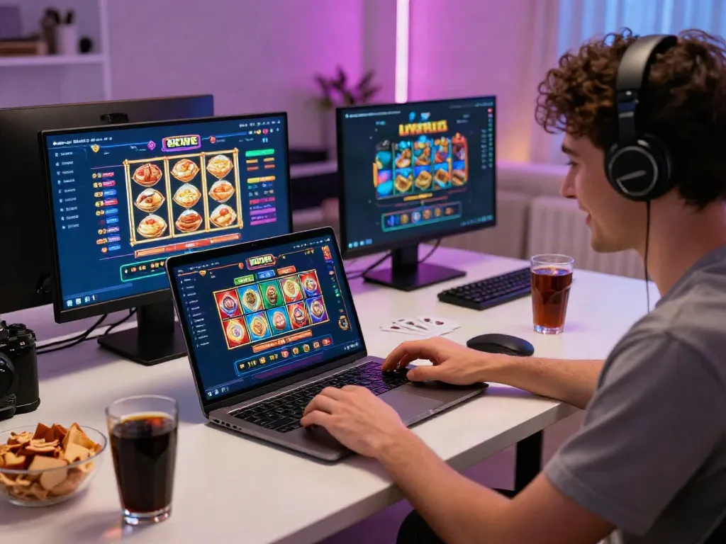 Exciting iwin gaming experience with a user enjoying a live casino game on a laptop surrounded by vibrant graphics and snacks.