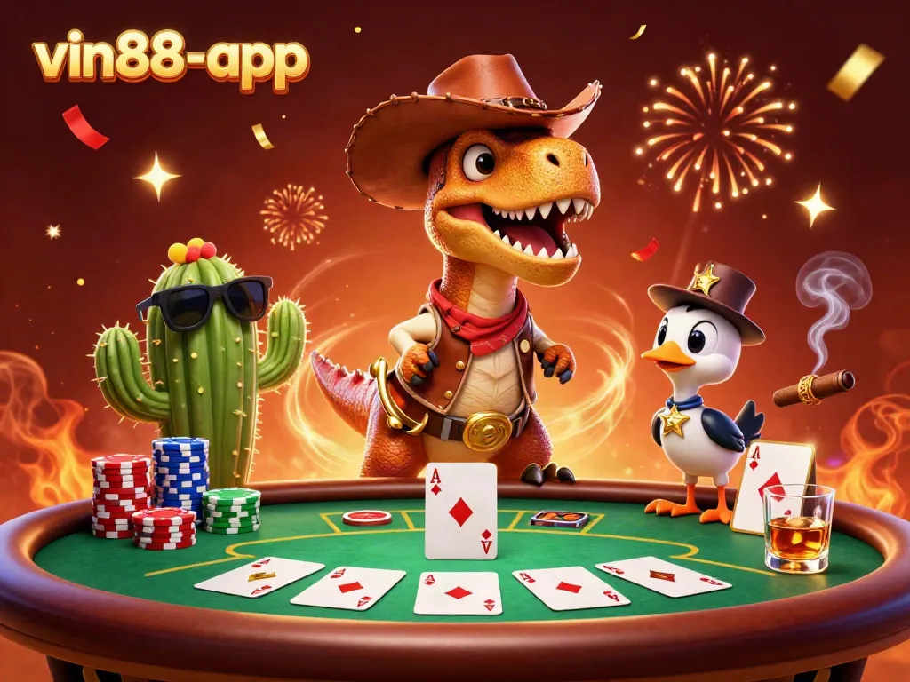 Experience thrilling moment with vin88-app featuring a T-Rex cowboy at a poker game.