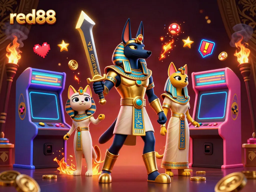 Experience vibrant gameplay at red88 with Anubis and Bastet surrounded by casino elements.