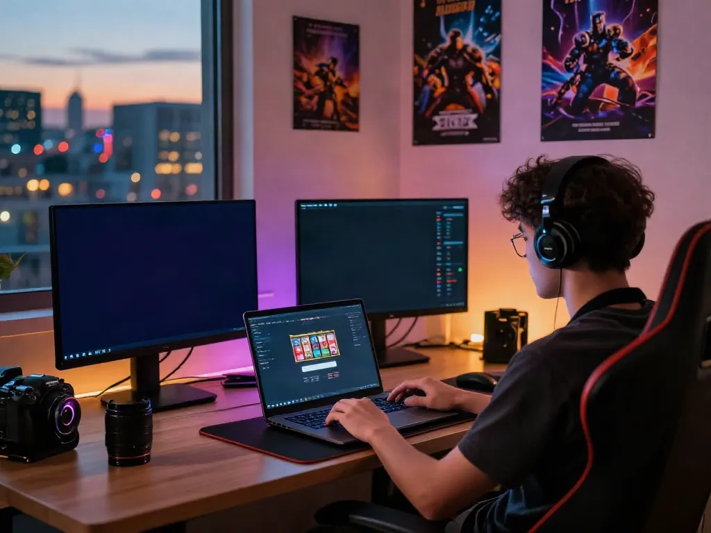 Experience seamless slot88 login with vibrant gaming setup and cityscape background.