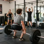 Intensive Fitness-Szene im Steroidshop mit Bodybuildern, die gemeinsam an Gewichten trainieren.