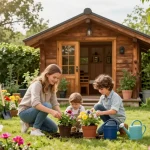 Garten Haus im schönen Garten mit Familie beim Pflanzen von Blumen
