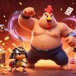 Zoccer Casino ohne LUGAS: 3D-Illustration mit Sumo-Hahn und Samurai-Grille im Casino-Ambiente.