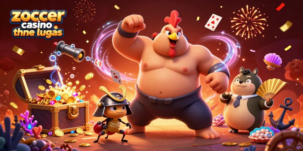 Zoccer Casino ohne LUGAS: 3D-Illustration mit Sumo-Hahn und Samurai-Grille im Casino-Ambiente.