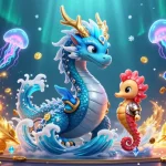Zoccer casino animated scene with dragon, seahorse knight, and jellyfish, showcasing dynamic gambling elements.
