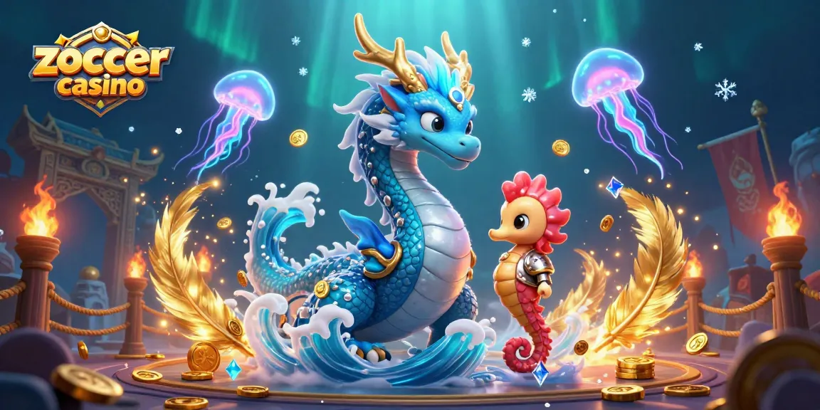 Zoccer casino animated scene with dragon, seahorse knight, and jellyfish, showcasing dynamic gambling elements.